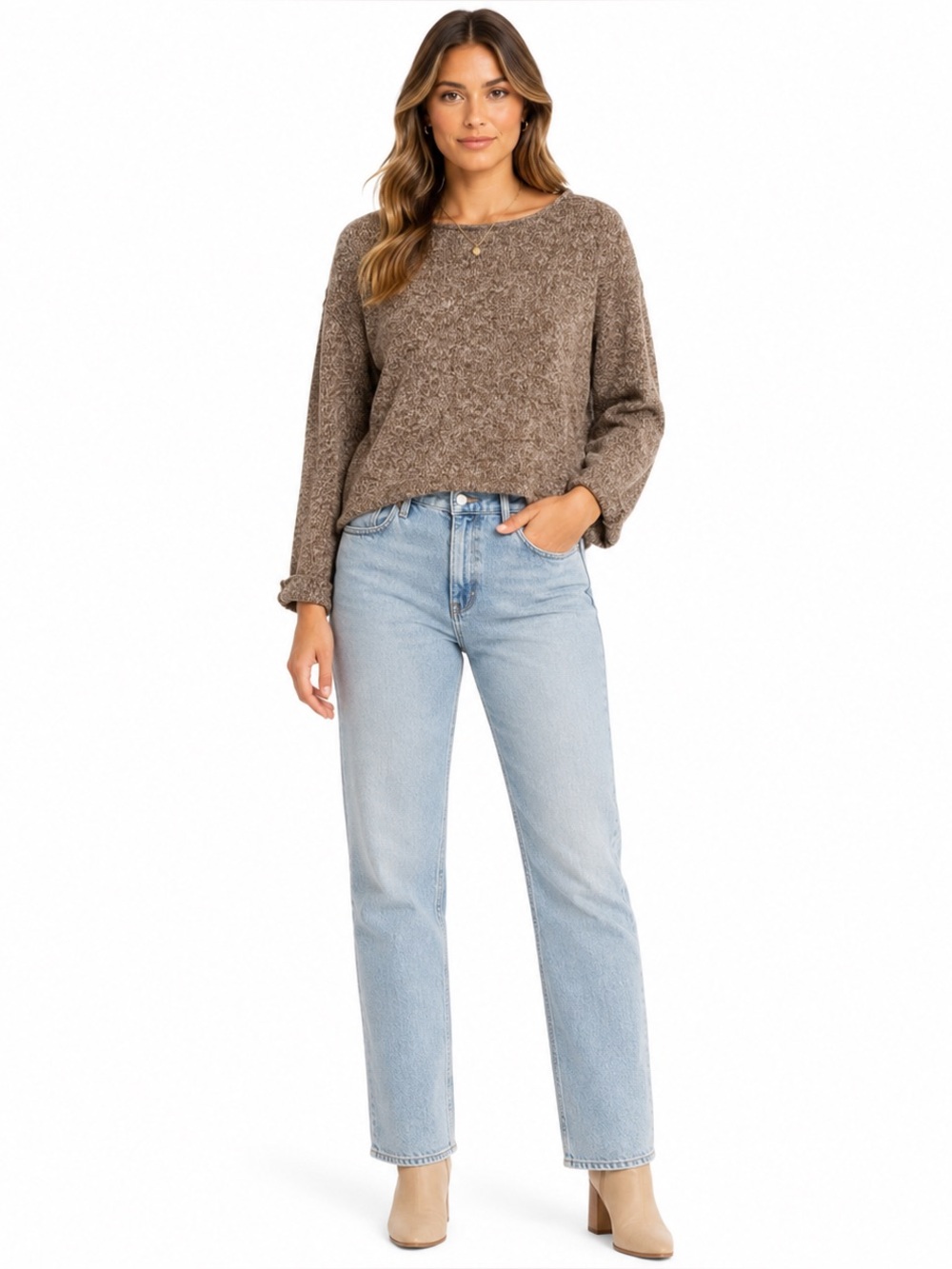 Zara Basic Brown Marled Knit Cropped Sweater Relaxed Fit Women's L
